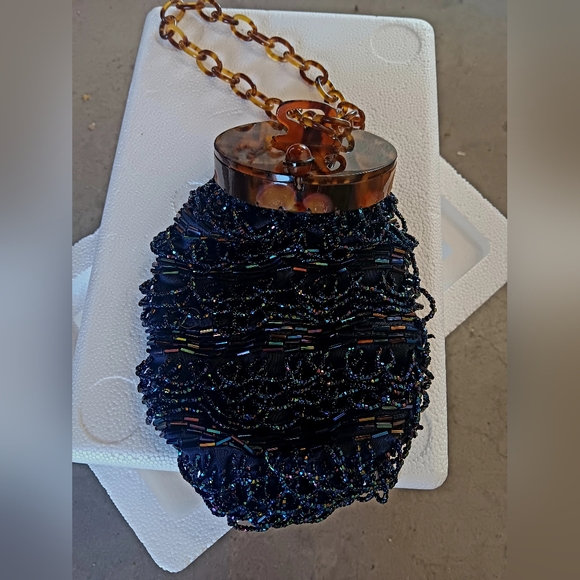 Vintage Blue/Green Beaded "Grenade" Wrist Bag C.1980s - Picture 7 of 7